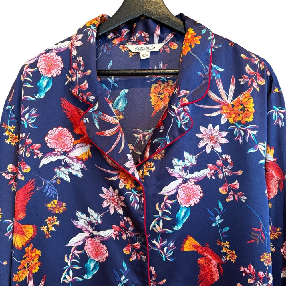 The Pioneer Woman Navy Blue Tropical Bird Floral Satin Sleep Shirt XXL - Picture 2 of 10